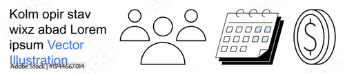 Business planning, teamwork, financial management, scheduling, group collaboration, time tracking. Icons of people, a calendar and a dollar symbol. Teamwork and financial management concept
