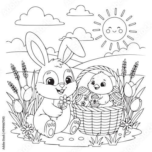 activity, baby chick, basket, black and white, bold lines, bunny, cartoon, chick, children, classroom, clipart, coloring book, coloring page, craft, cute, cute animals, doodle, easter, easter bunny, e