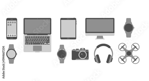 Collection of modern technology devices in a monochromatic flat lay