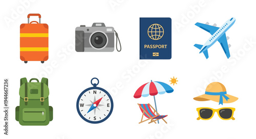 Travel essentials suitcase camera passport and vacation accessories