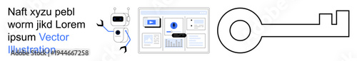Cybersecurity, data protection, access management, AI technology, digital authentication, secure systems. Robot and data dashboard with large key design. Cybersecurity and data protection