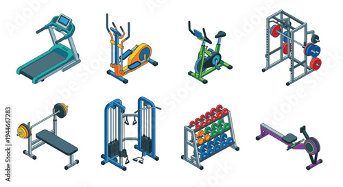 Isometric illustration of various gym equipment for fitness and exercise