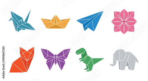 Colorful origami animals and shapes arranged on a white background