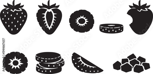 Strawberry Fruit Silhouette Icon Set Whole Cut Slice Berry Food Vector