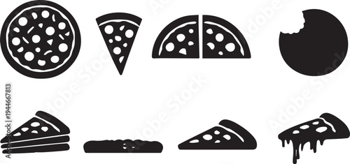 Pizza Slice Silhouette Icon Set Whole Slice Cheese Pizza Vector