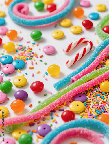 Rainbow candy explosion flatlay with jellybeans, sour belts, candy buttons, candy canes and rainbow sprinkles on white background