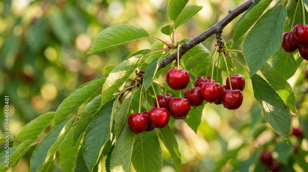 Fototapeta premium Close-up of ripe red cherries on a branch from the side, green leaves and soft blurred background, natural sunlight, fresh summer fruit on a cherry tree.