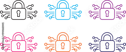 cyber security circuit lock icon set, colorful outline protection symbols