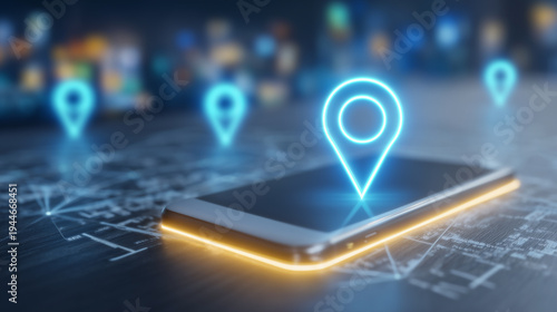 A smartphone with glowing location pins above a digital map, representing mobile navigation, geolocation tracking, and connected location services.
