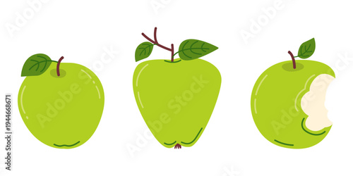Set of green apples with whole fruit, slices, leaves and seeds, fresh organic fruit isolated on white background, healthy snack concept. Collection of ripe, healthy apples for autumn harvest, school