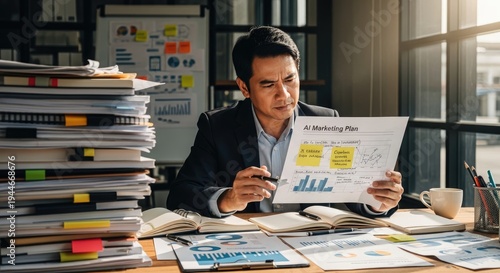 Adult Asian man completing online assignments on laptop computer at home office. Concept of digital learning AI solutions and modern education.