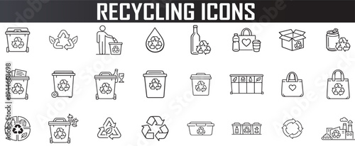 recycling and waste management icon set, minimal outline sustainability symbols