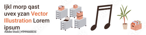 Office design, workplace management, storage solutions, music , interior decor, productivity. Filing cabinets with documents, music note and a potted plant. Office design and workplace management