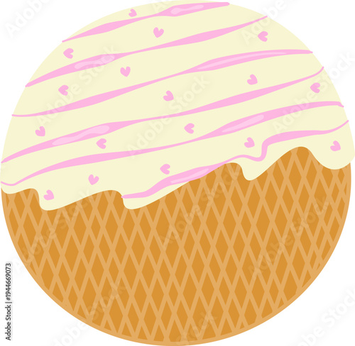 Round wafer cookie with white cream glaze and pink hearts decoration, sweet dessert vector icon.Vector isolated illustration of Dutch waffle with caramel for menu design, prints, stickers.