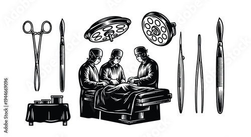 Medical illustration surgeons performing operation with surgical instruments