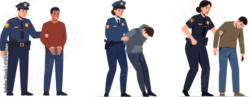 Police arresting suspects in vector style showing different scenarios