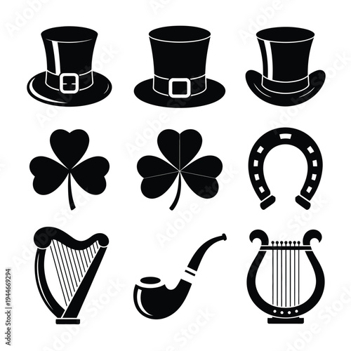 Black and white of Irish symbols and shamrock