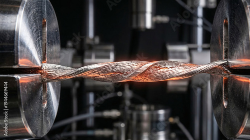 Extreme macro of a thick metallic cable glowing under immense torsion stress in a mechanical testing machine