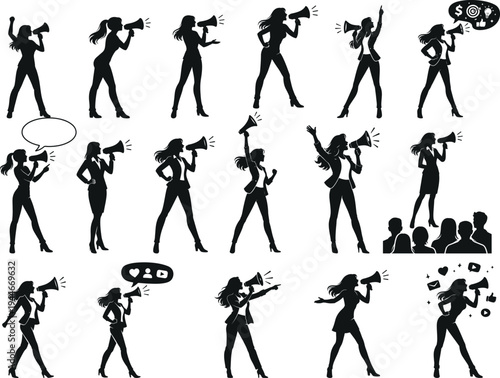 Business Woman With Megaphone Silhouette Set – Female Speaker, Marketing Promotion, Announcement and Leadership Vector Collection