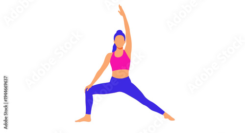 Woman in Warrior II yoga pose, vibrant colors, flat illustration style