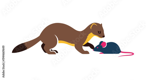 Weasel hunting mouse, cartoon illustration, predator and prey concept
