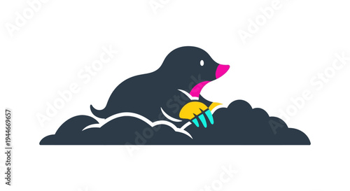 Cute cartoon mole emerging from soil, digging, pink nose, yellow paws