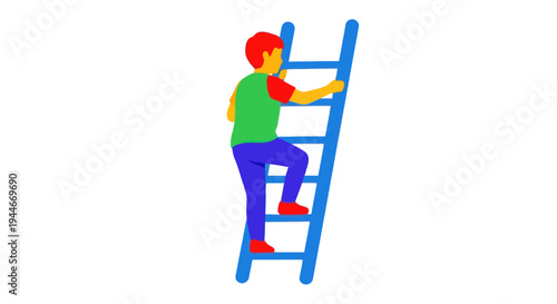 Child climbing a blue ladder against a white background, symbolizing growth and ambition
