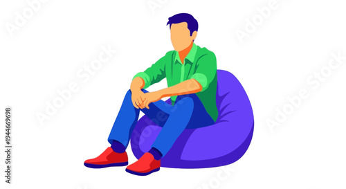 Man Sitting on Bean Bag Chair, Relaxed Pose, Casual Lifestyle Illustration