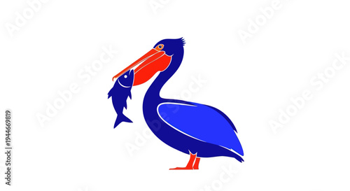 Stylized Blue Pelican Bird with Red Beak Holding a Fish in its Mouth