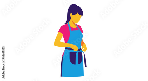 Woman tying blue apron, preparing for cooking or cleaning work