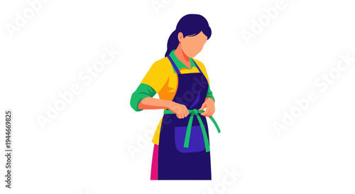 Woman tying apron, preparing for work, flat illustration, isolated on white