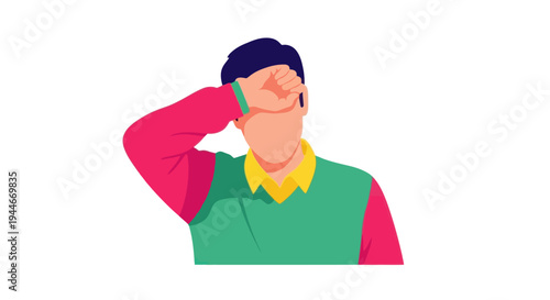 Man covering face with hand, feeling exhausted or stressed, flat illustration