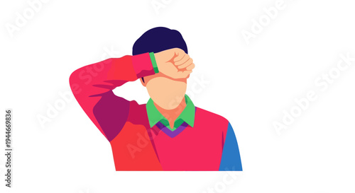 Man covering face with hand, feeling tired or stressed, vector illustration