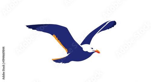 Seagull flying against white background, stylized illustration, freedom concept.