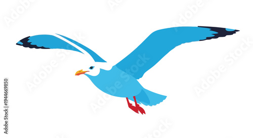 Fotografi Cartoon Seagull Flying, Blue Sky Bird with Wings Spread, Isolated on White