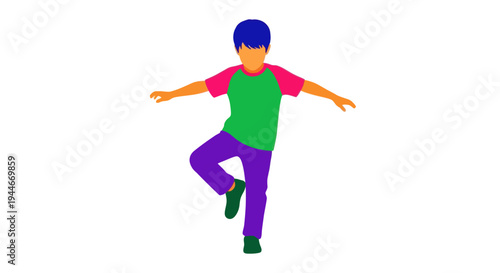 Child Balancing on One Leg, Colorful Outfit, White Background, Full Body