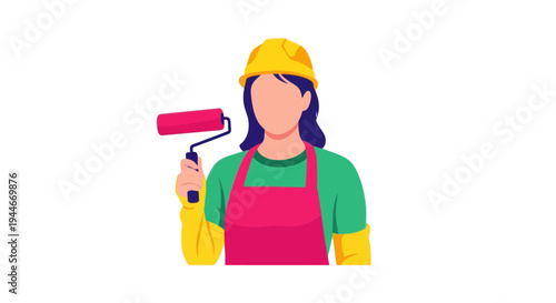 Woman painter in hard hat holding paint roller, renovation and DIY concept