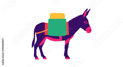Stylized Donkey Carrying Saddle Bags, Flat Design Illustration