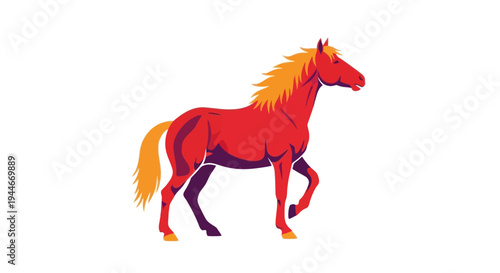 Fiery Red Horse Galloping with Golden Mane and Tail on White Background