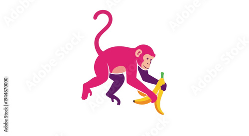 Pink Monkey Holding Banana, Cartoon Illustration, White Background