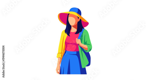 Woman in colorful hat and clothes, standing with a bag, vector illustration