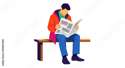 Man Sitting on Bench Reading Newspaper