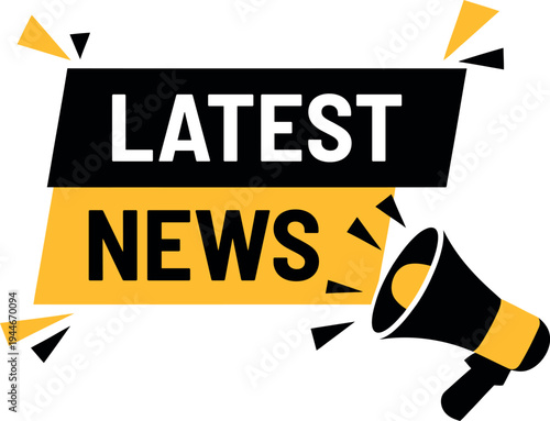 Graphic announcement banner with the words latest news and a megaphone icon isolated on transparent background