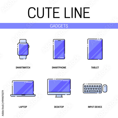 High-tech gadget and computer related icons set contains elements of desktop, laptop, tablet, smartphone and more. Flat filled outline style. Pixel perfect. Editable stroke
