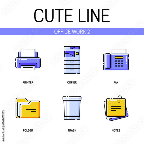 Office work related icon set contains elements of printer, desktop, fax, folder and more. Flat filled outline style. Pixel perfect. Editable stroke