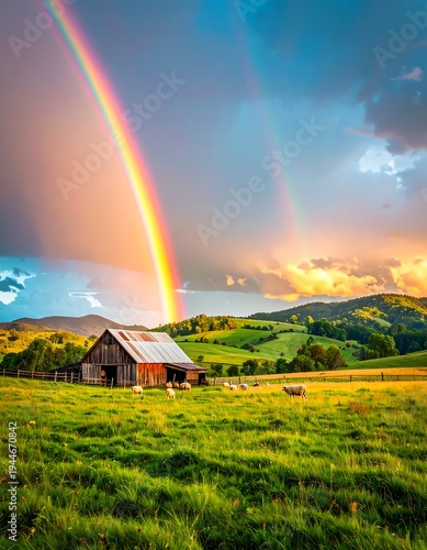 Rainbow Over Rural Landscape with Barn and Rolling Hills.