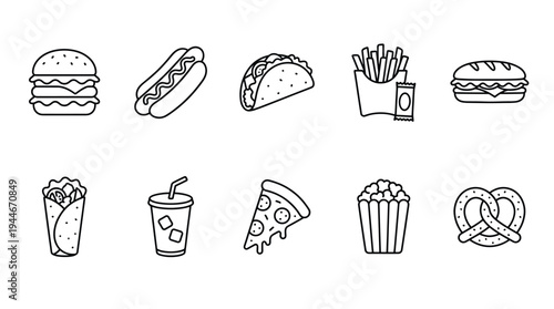 Ten fast food items are drawn in line art on a white background. Includes a burger, hotdog, taco, fries, sandwich, burrito, soda, pizza, popcorn and pretzel.