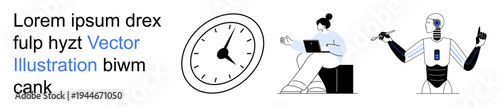 Artificial intelligence, remote work, time management, automation, productivity, future technology. A robot, woman on laptop and clock. Artificial intelligence and remote work visuals