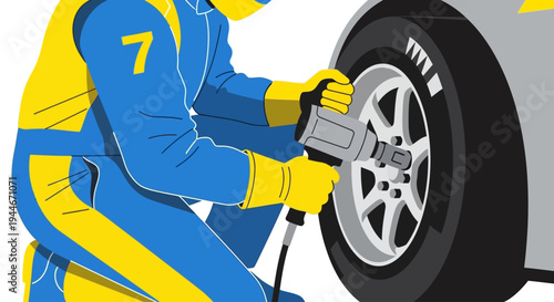 Mechanic changing tire with pneumatic tool in blue and yellow uniform
