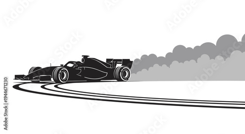 Open Wheel Race Car Speeding on Racetrack Monochrome Vector Illustration